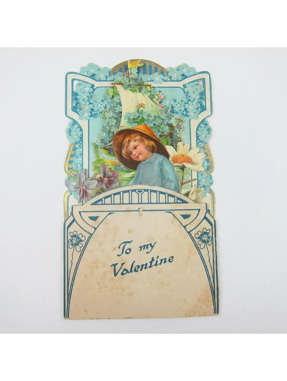 Valentine 3D Pop Up Die Cut Blonde Boy Hat Ship Daisy Blue Flowers Antique 1924